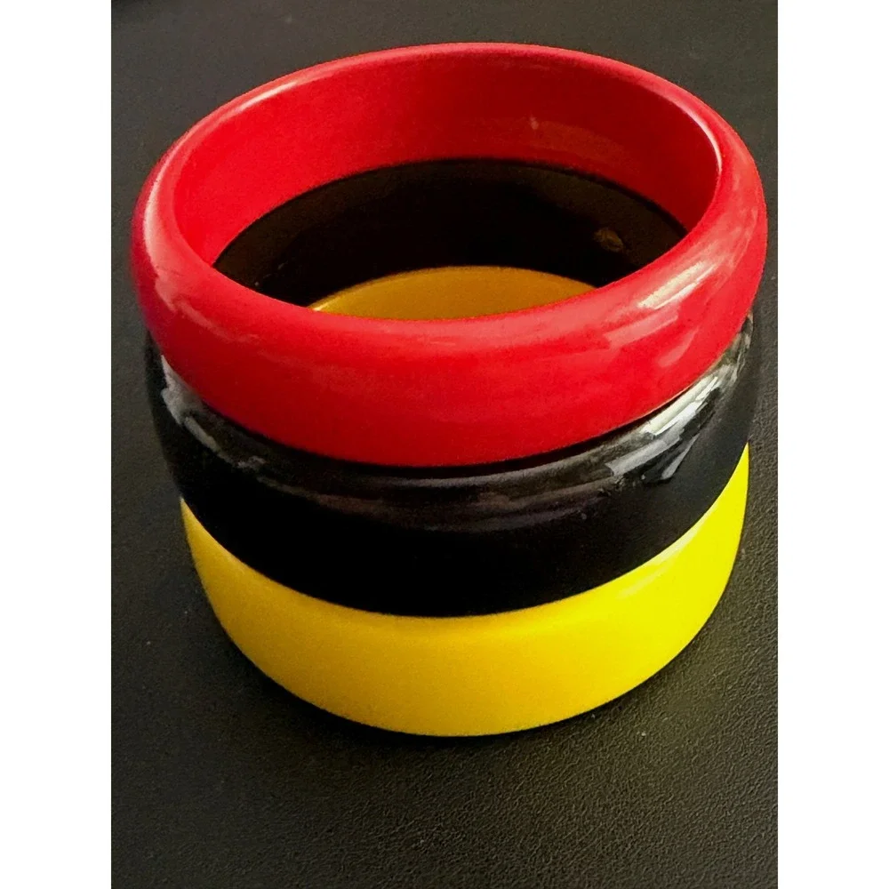 Vintage Acrylic Bangle Bracelet Set Red Black Yellow Chunky Stack Retro Pop Art